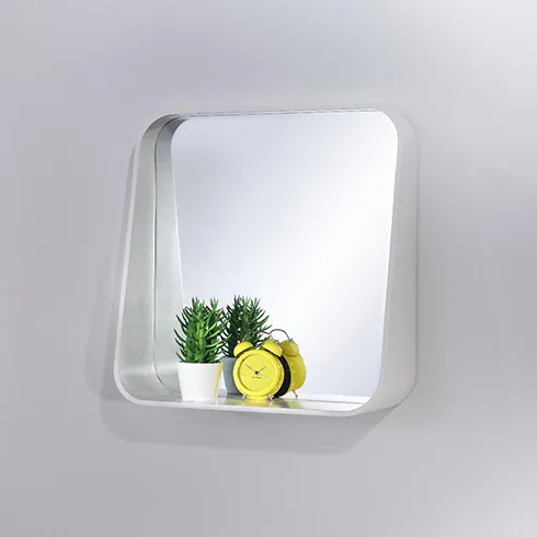 mid-century minimal white square shelf mirror with yellow clock and little plant